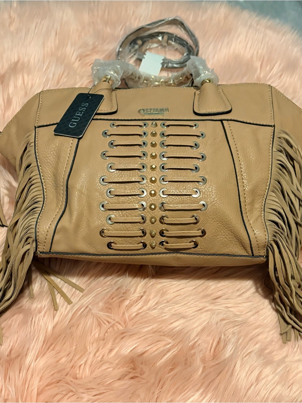 GUESS Tan Fringe Satchel with Stud and Grommet Detail